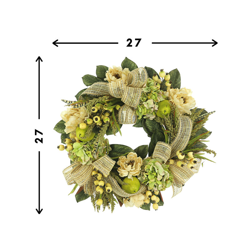 31" Wreath Decorated With Hydrangeas, Peonies, Berries And Pears