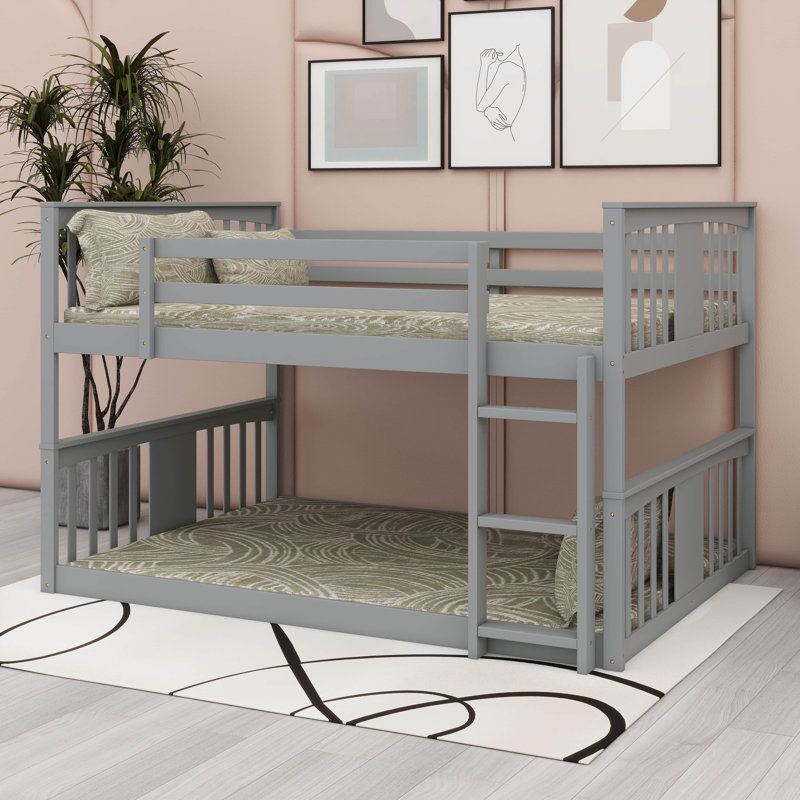 Full Over Full Bunk Bed With Ladder - Sturdy Wood Frame & Safety Guardrails, Gray