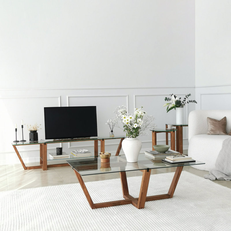 Modern Coffee Table with 100% Tempered Glass Top & 100% Pine Solid Wood Frame, Walnut Color, 41.3 x 13.8 x 25.6 Inches | Durable & Stylish Design, Perfect for Living Room or Lounge Spaces