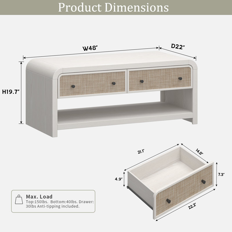 Table basse Choat 48 po avec tiroir en rotin Cevat, Bois blanc/beige