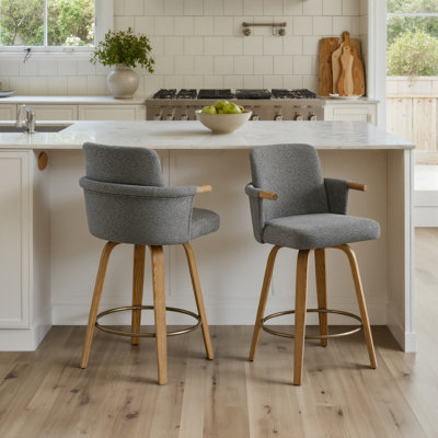 Mid-Century Modern Upholstered Swivel Barstools with Wood Legs