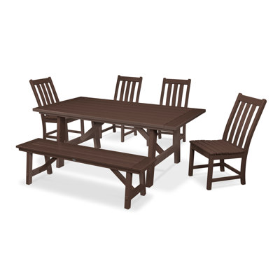 Vineyard 6-Piece Rustic Farmhouse Side Chair Dining Set with Bench in by POLYWOOD
