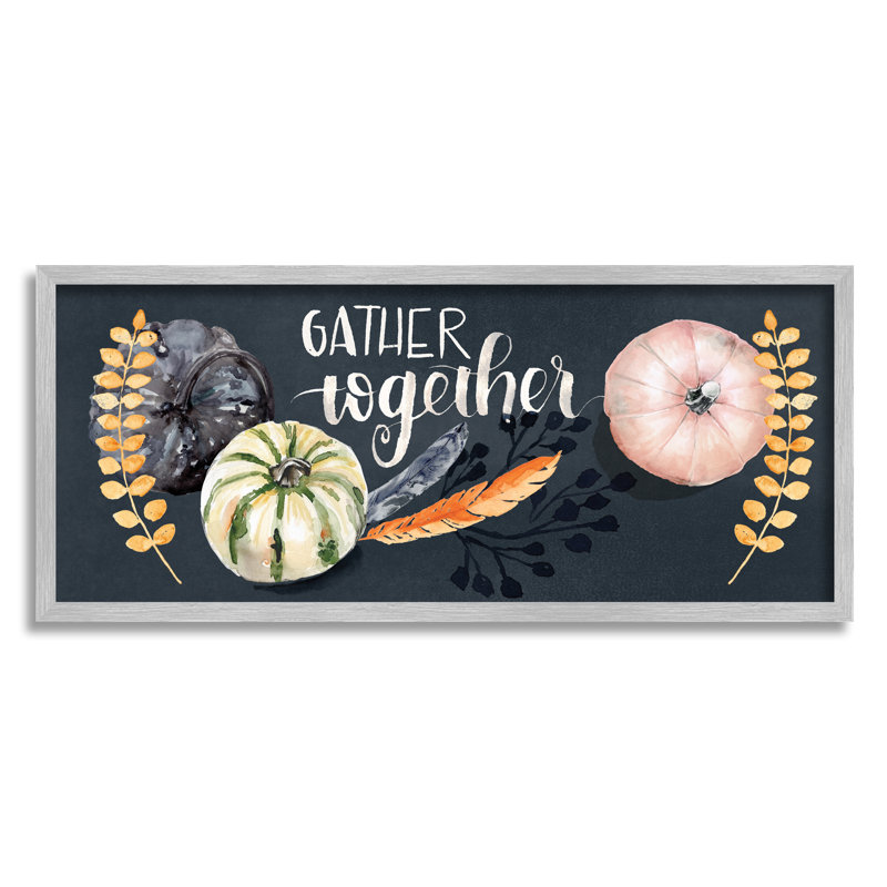 Gather Together Pumpkin Harvest Feathers Deep Blue par - Art textuel, H 13 po x l 30 po x P 3 po, Estampe numérique Farmhouse
