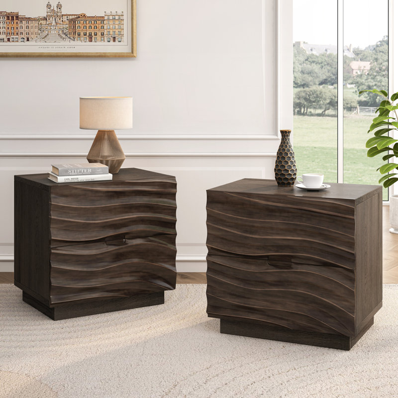 Ensemble de 2 tables de chevet en bois massif avec 2 tiroirs, Brown