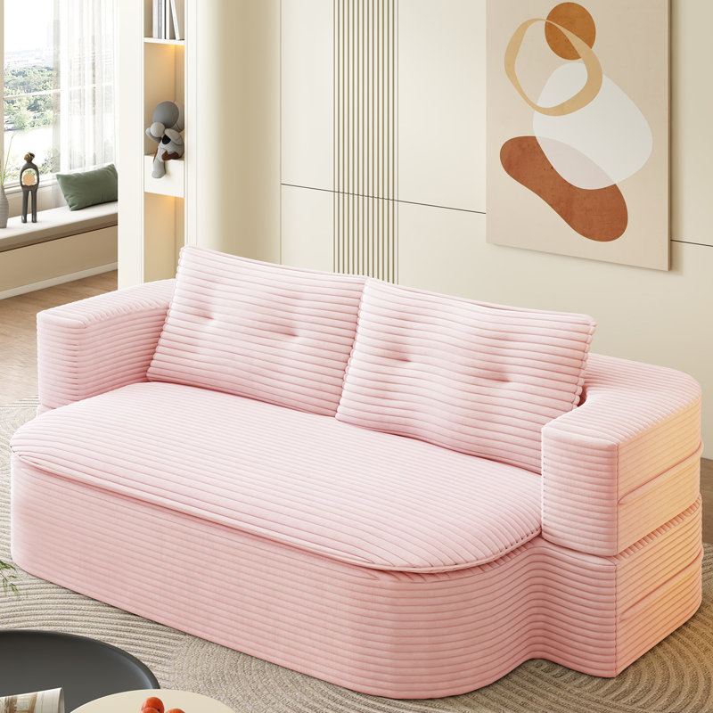 Boneless 78.7" Compression Modern 2-in-1 Foldable Sofa with Functional Blanket and 2 Soft Pillows, Baby Pink
