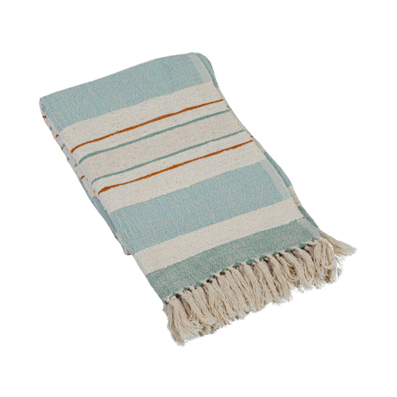 Blue and Cream Striped Cotton Throw with Fringe