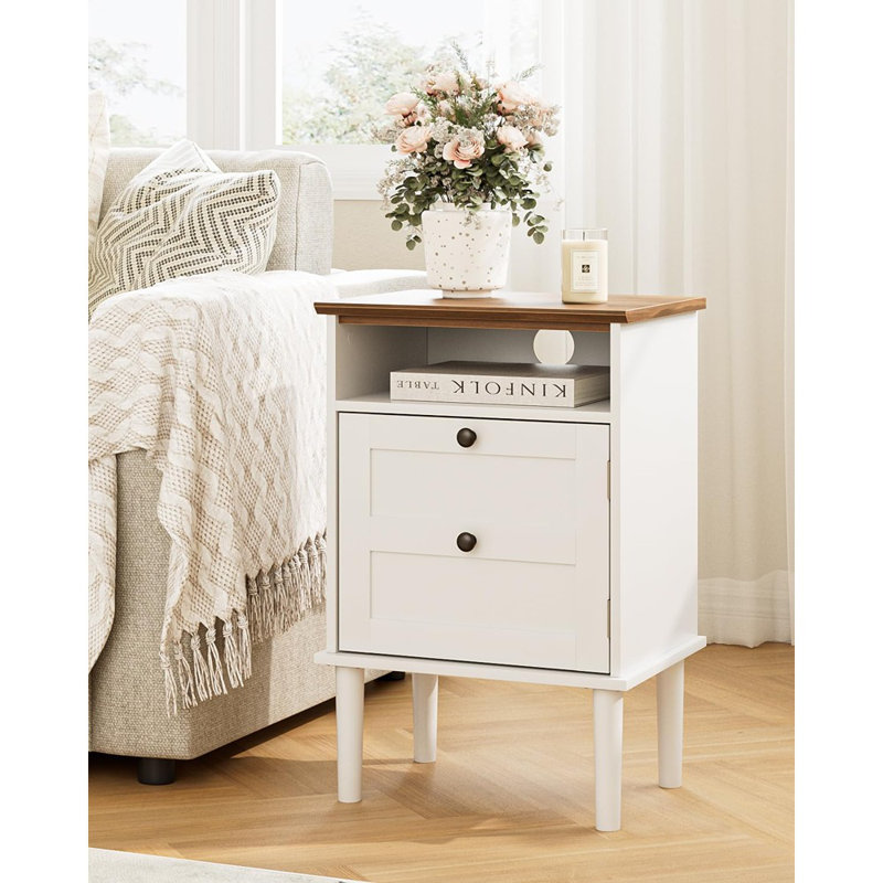 Nightstand, Boho Night Stand With 1 Drawer, Modern Side Accent Table With Open Shelf, Wooden Top Bedside End Table For Bedroom, Living Room, White