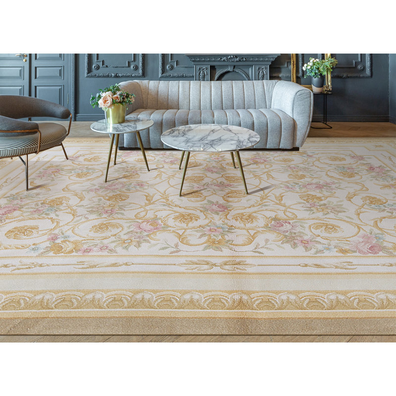 Hand-Knotted High-Quality Ivory and Gold Area Rug