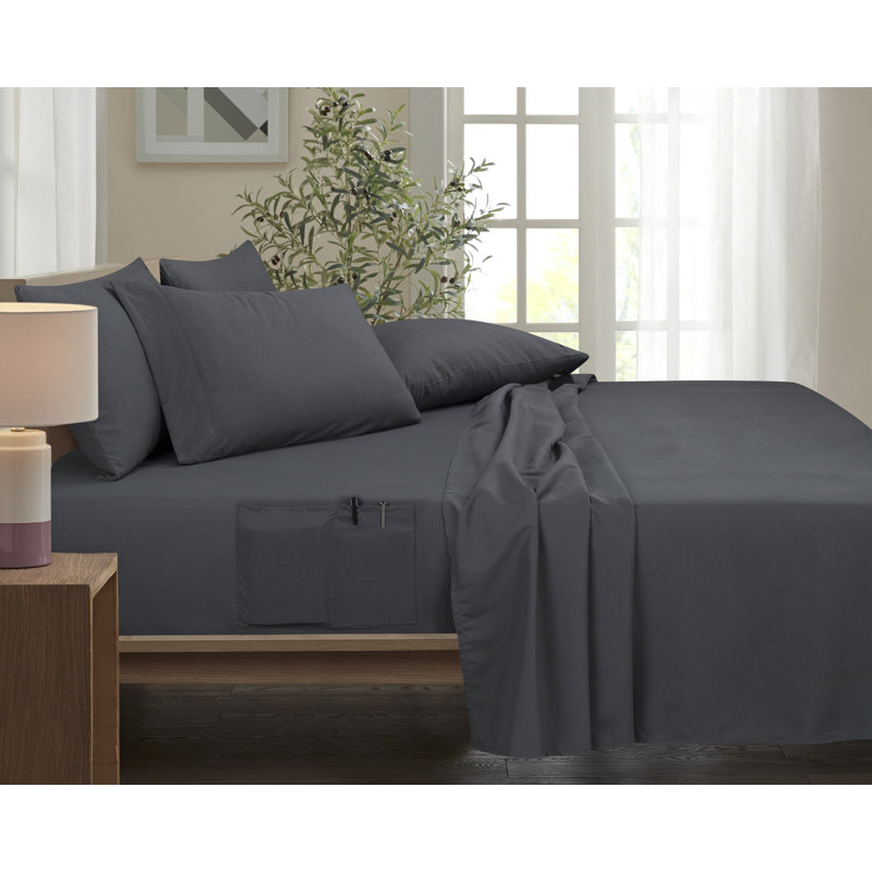 Rayon From Bamboo 6 Piece 1800 Thread Count Smart Pocket Sheet Set, Gray, Twin Sheet Set with 3 Additional Pieces