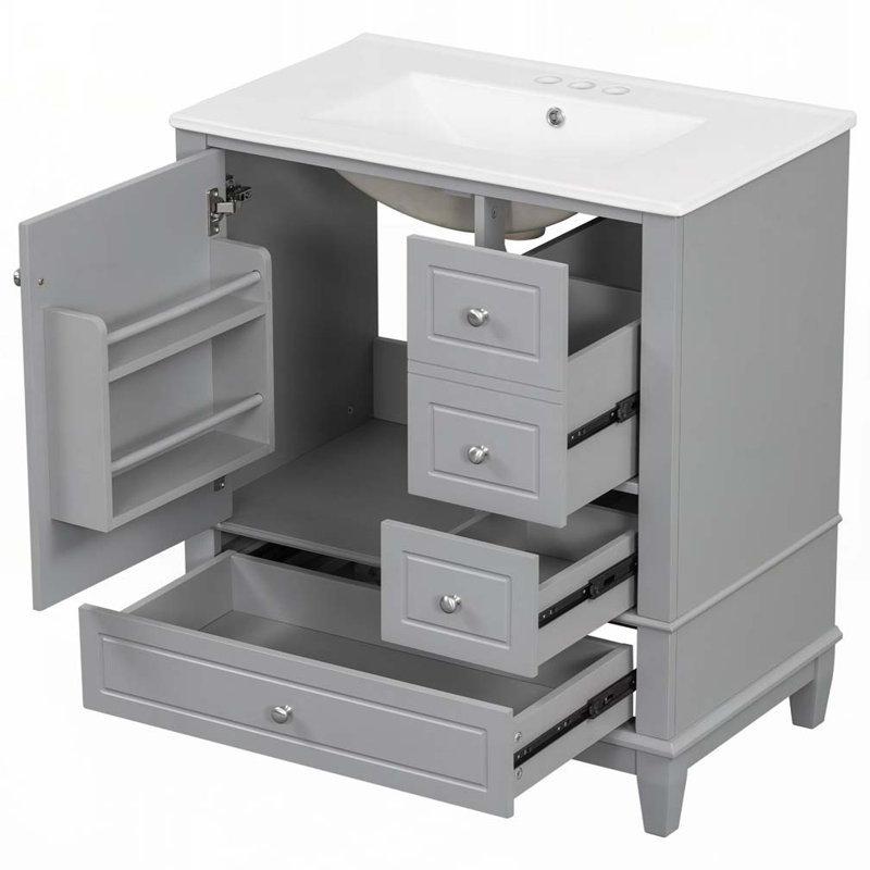 Meuble-lavabo avec lavabo en céramique, tablette et trois tiroirs, Gris