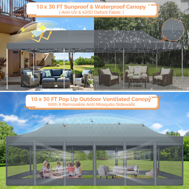 10x30 Pop up Canopy Tent with Sidewalls, Heavy Duty Easy Set up, Grey