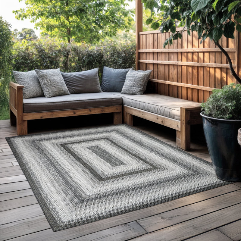 Tapis tressé  / intérieur / extérieur blanc / ivoire / argent / gris lavable, Rectangle de 5 pi x 8 pi