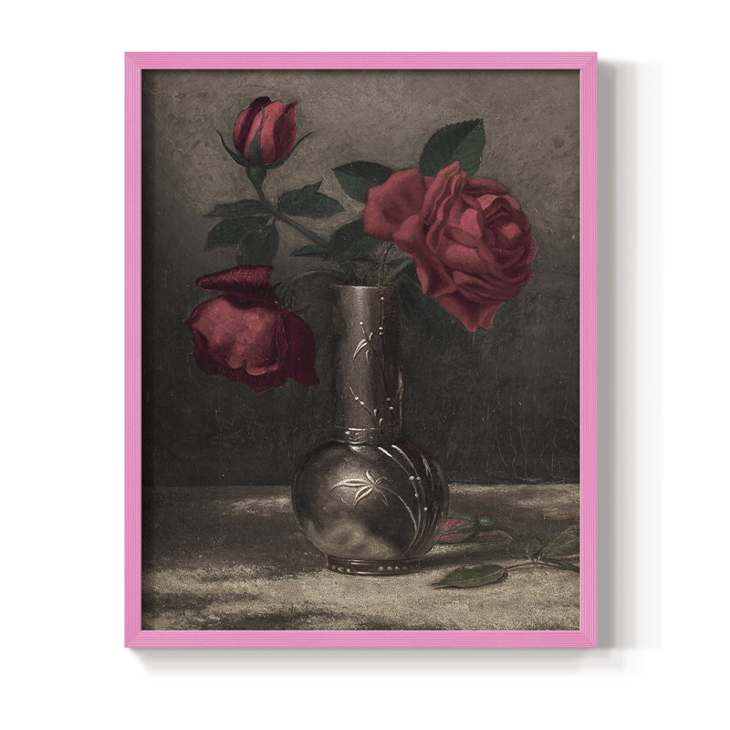 Reproduction florale vintage avec encadrement CCLXIV - bois massif, Rose, H 11 po x l 9 po