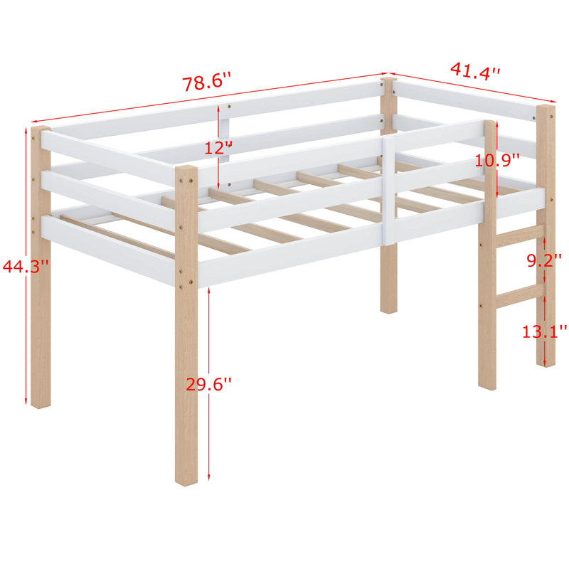Twin Size Low Loft Bed For Kids, Solid Wooden Low Loft Bed Frame With Ladder And Guardrail For Small Room & Low Ceiling Bedrrom