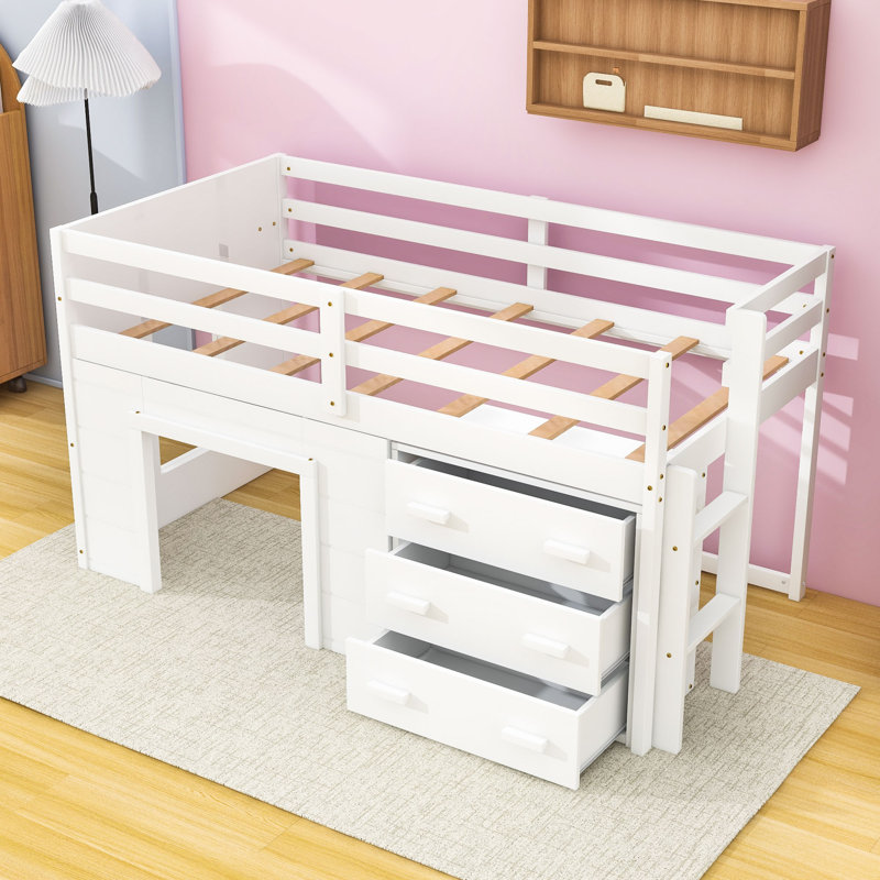 Lit mezzanine simple en bois avec tiroirs et tablette de rangement intégrés, Blanc