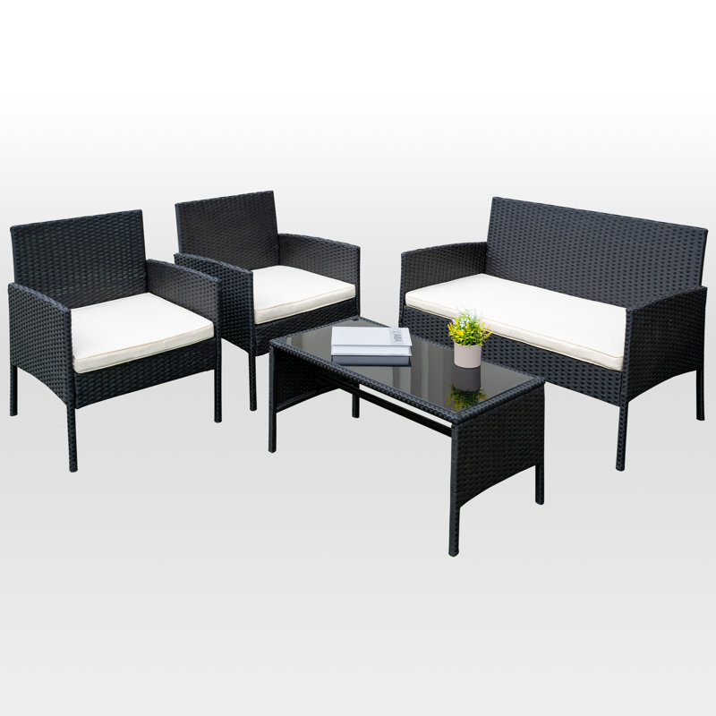 Ensemble de conversation avec canapé et coussins en rotin 4 pièces, Beige