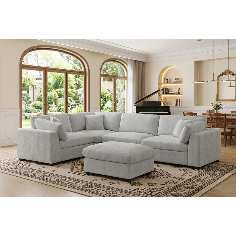 Modular Sectional Sofa, 5-Piece L-Shaped Couch With Ottoman, Reconfigurable Living Room Furniture, Light Gray Polyester Blend