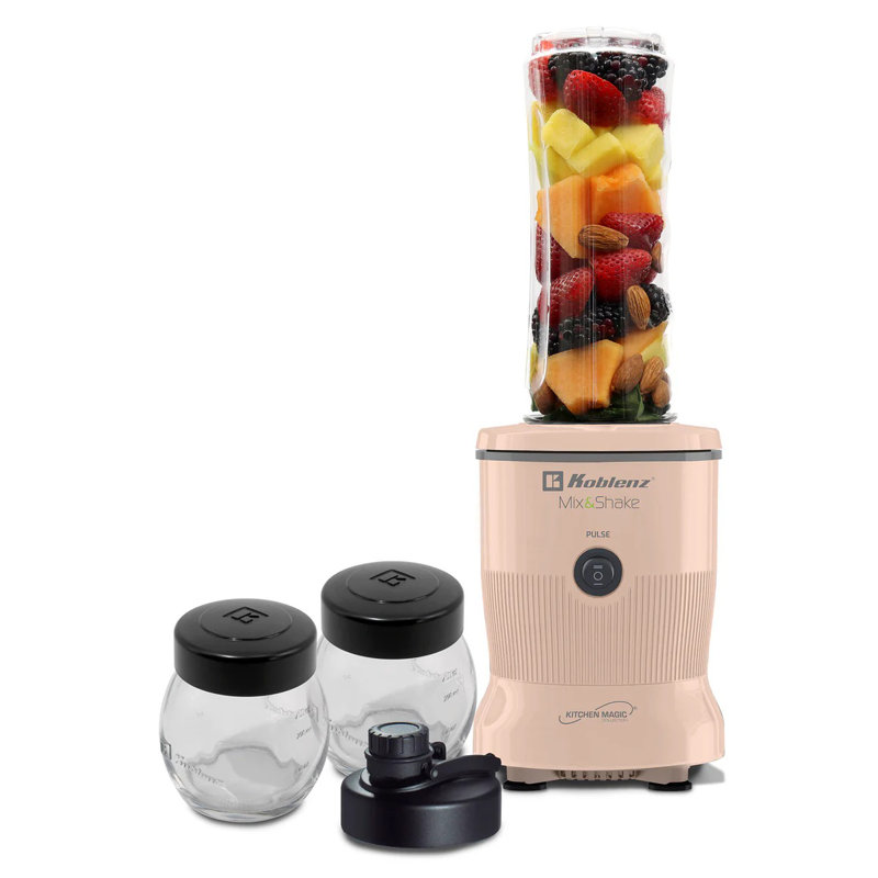 Mix&Shake Personal Blender 20oz, 2 10oz glass jars, stainless steel blades, pulse function, and 600 watt motor (Pink), Tan