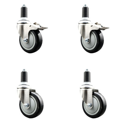 4 Inch 316SS Poly Swivel 1-1/4 Inch Expanding Stem Caster Set 2 Lock Brake