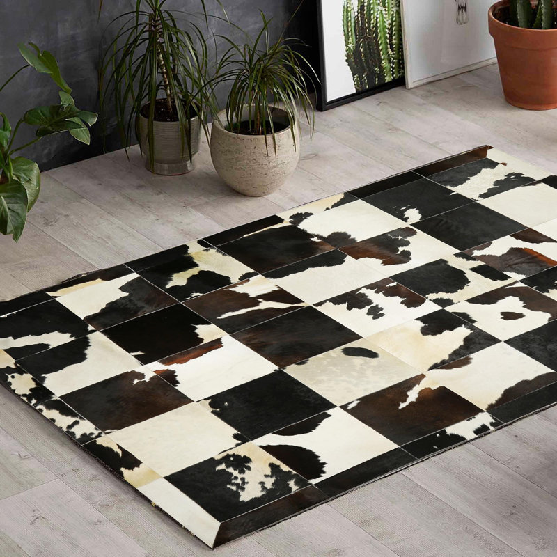 Tapis tricolore en cuir de vache naturel patchwork - Cuir véritable pour le salon, la chambre à coucher