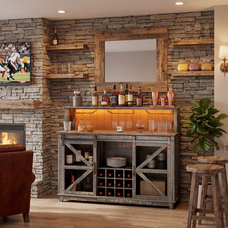Bar à café rustique et armoire à vin avec rangement, tablettes ouvertes et fabrication en bois massif, buffet de cuisine ou de salle à manger autoportant