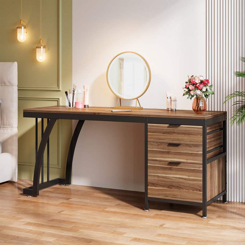 Kiyanni 59'' Vanity Desk with 3 Drawers, Walnut/Black
