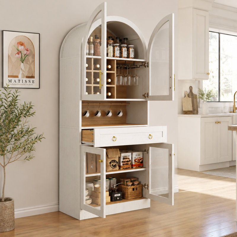 Meuble-bar arqué de 70 pouces avec casier à vin, porte-verres et tablette ajustable, White