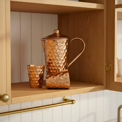 Ambiente Handmade Hammered Copper Pitcher Set with Lid & 2 Copper Tumblers – Shiny Water Pitcher, Pure Copper Drinkware, Copper Water Jug for Drinking, Health-Boosting Copper Set