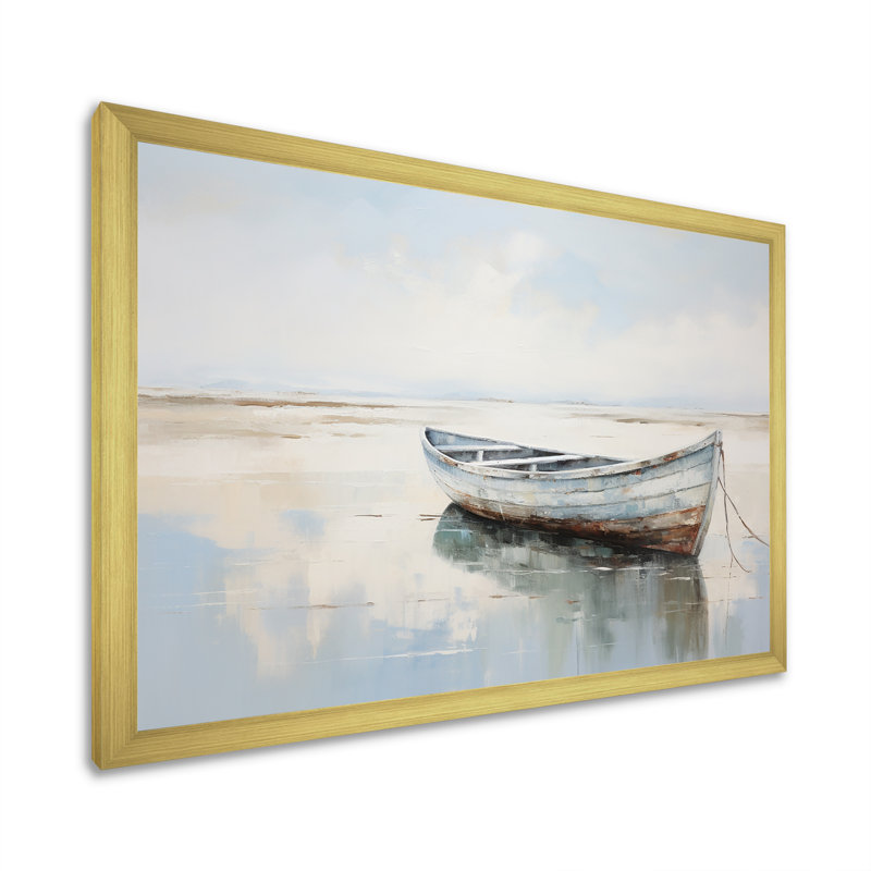 Bleu et blanc, petit bateau au bord du lac I - impression sur toile, H 34 po x l 44 po x P 1,5 po, Cadre photo doré simple