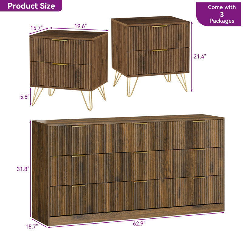 3PCS Dresser And Nightstand Sets For Bedroom, 63" Wide Fluted 9 Drawer Dresser & Nightstand Set Of 2, Walnut