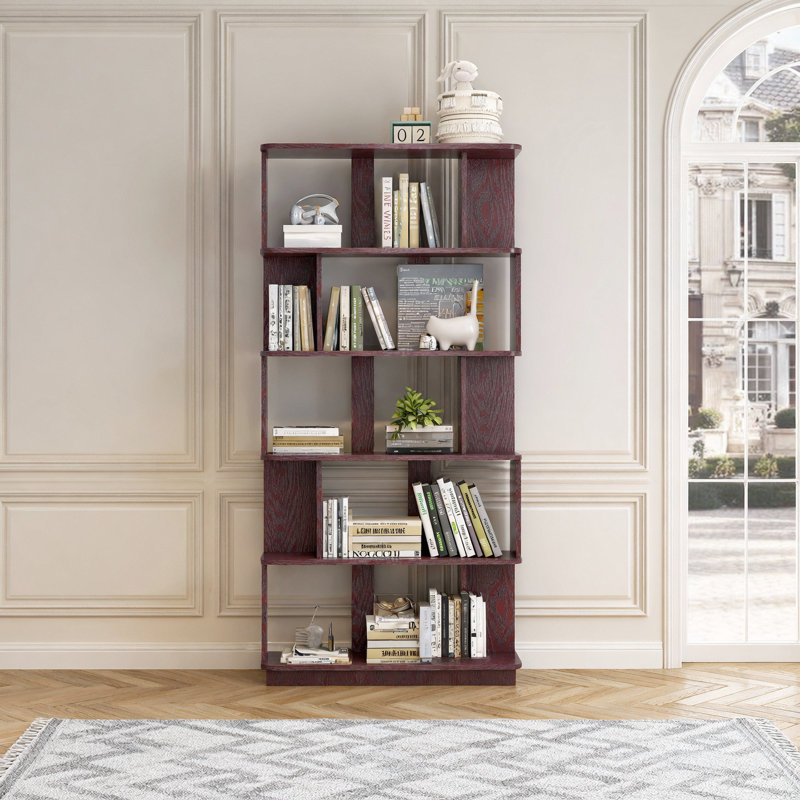 Bibliothèque moderne à 5 niveaux avec rangement ouvert, 31,5 po, Ox Blood Red
