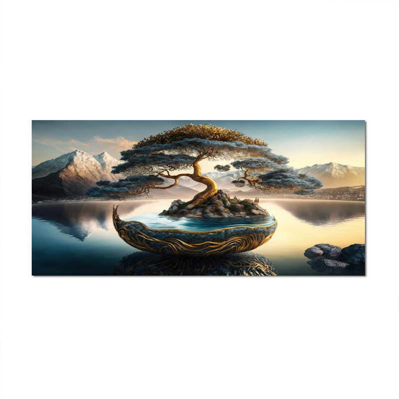Golden Bonsai Tree - Tree Bonsai Canvas Wall Art, Wrapped Canvas, 28" H x 60" W x 1.5" D