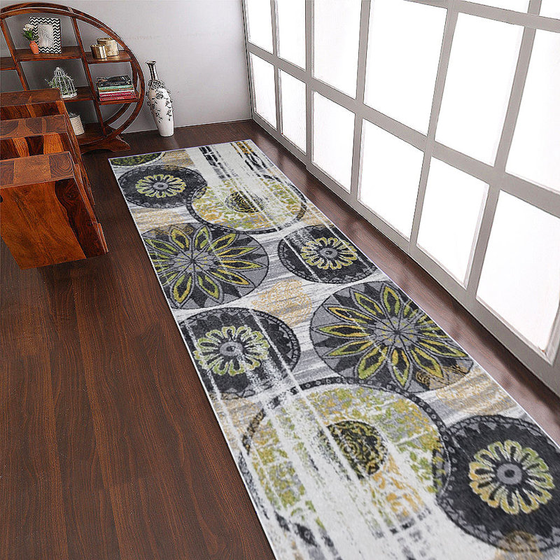 Crayton Machine Woven Polypropylene  Area Rug - Runner | Black & Green Color | Floral Design | Living room rugs