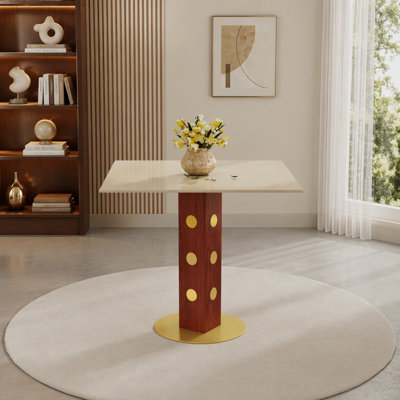 Table de salle à manger moderne carrée, table en pierre des cavernes en ardoise matte de 33,5 po avec pieds en bois et base dorée, table de cuisine pour 2 personnes pour petit espace, capacité de poids de 150 lb (seulement la table de Négociation)