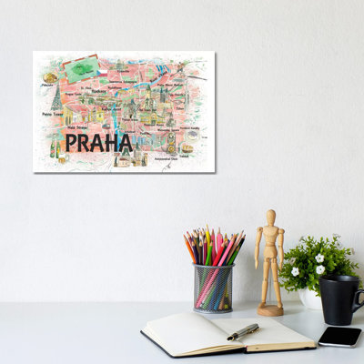 Prague Czech Republic Illustrated Map With Landmarks And Highlights by Markus & Martina Bleichner - Wrapped Canvas Gallery-Wrapped Canvas Giclée