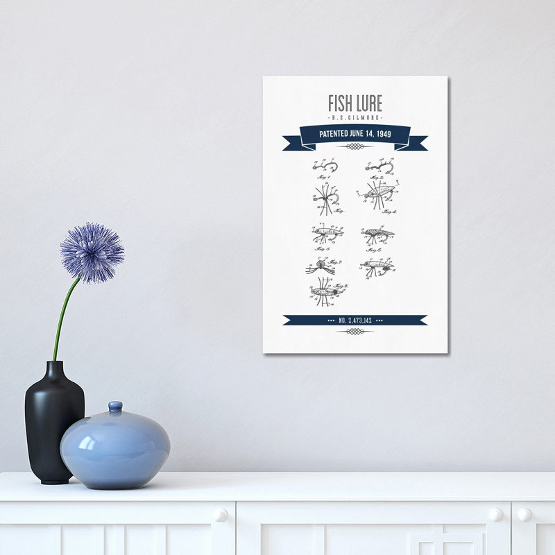 B.E. Gilmore Fishing Lure Patent Sketch Navy Blue by Aged Pixel - Wrapped Canvas Print, 45.72cm H x 30.48cm W x 1.905cm D