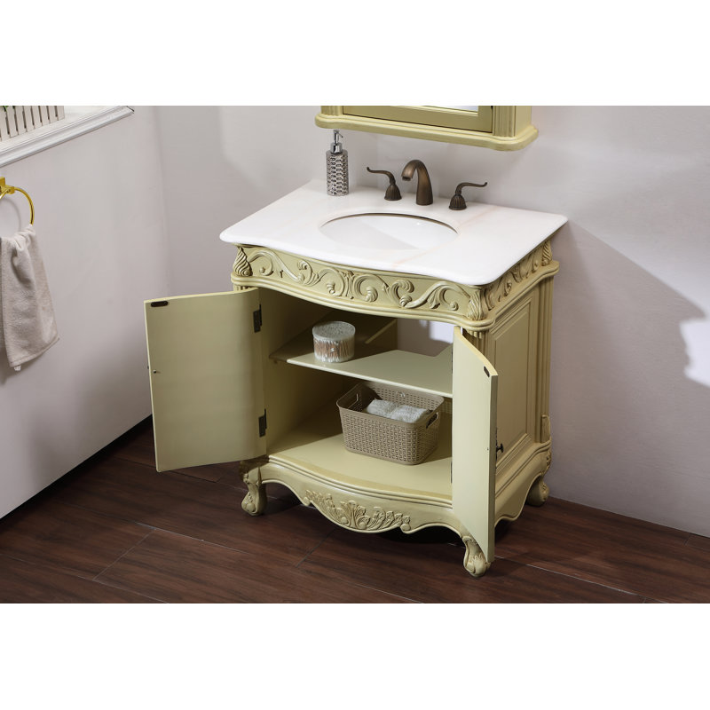 32'' Single Bathroom Vanity with Marble Top, Antique Ivory, Guangxi White