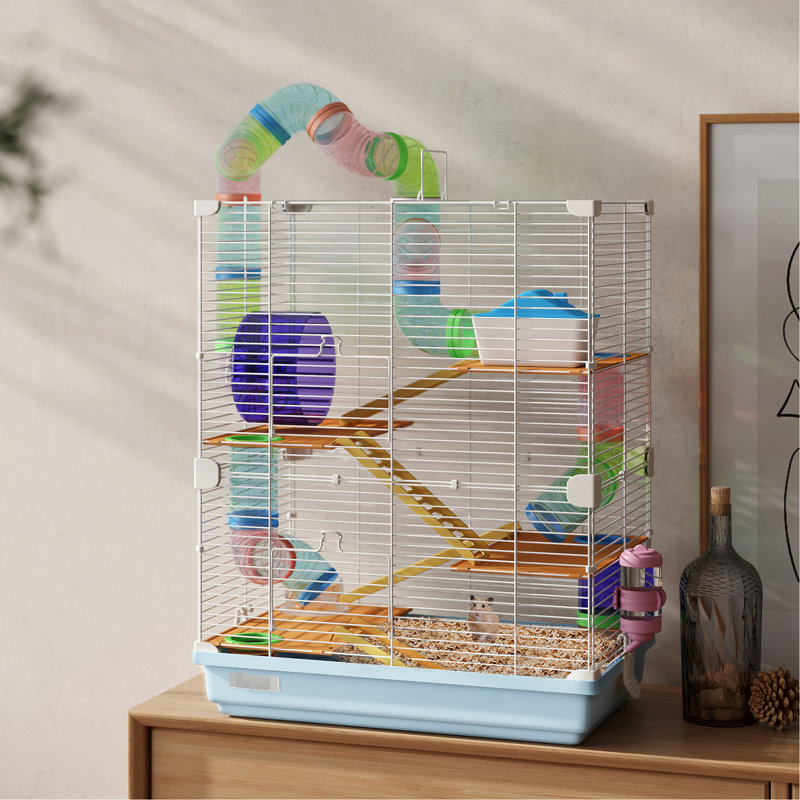 Cage à hamster 18 "à 5 niveaux avec tubes et tunnels, poignée de transport portative bleue, bouteille d'eau, plat à nourriture, roue d'exercice pour petits tubes de hamster, et