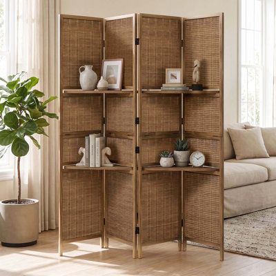 4‑Panel Folding Rattan Room Divider, Freestanding Wood Woven Privacy Screen, Partition Wall with/without Display Shelves for Living Room Bedroom