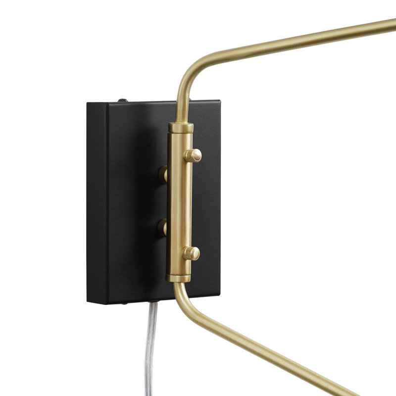 Mid-Century Modern Matte Black Swing Arm Wall Sconce with Satin Brass