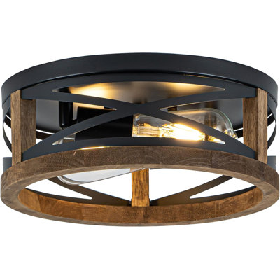 2-Light Farmhouse Ceiling Light, Round Flush Mount Light Fixture With Wood And Black Metal, Rustic Light For Bedroom Kitchen Hallway