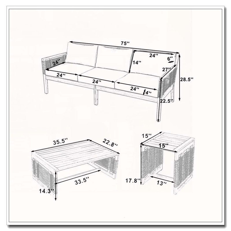 Ensemble de canapé d'extérieur en bois d'acacia 3 places avec 2 tables basses