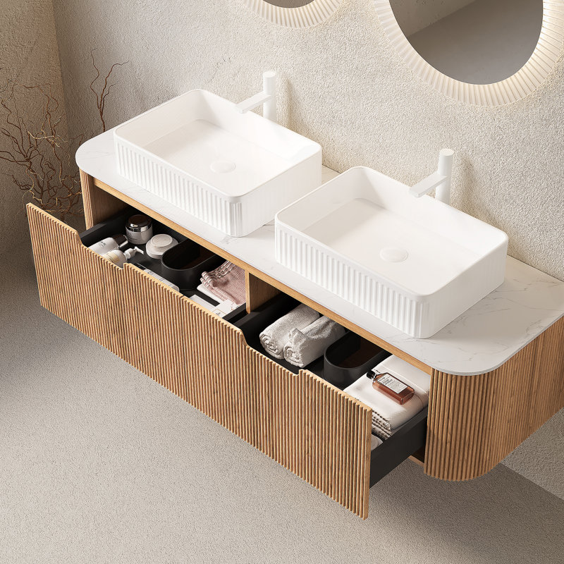 Meuble-lavabo mural avec éviers, armoire de rangement avec tiroirs, pré-assemblé pour une installation facile et beaucoup de rangement