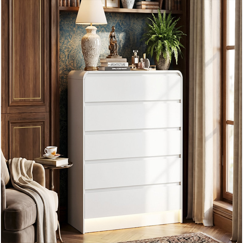 73cm W 5-Drawer Chest with RGB LED Light, Modern Minimalist Tall Dresser,  White