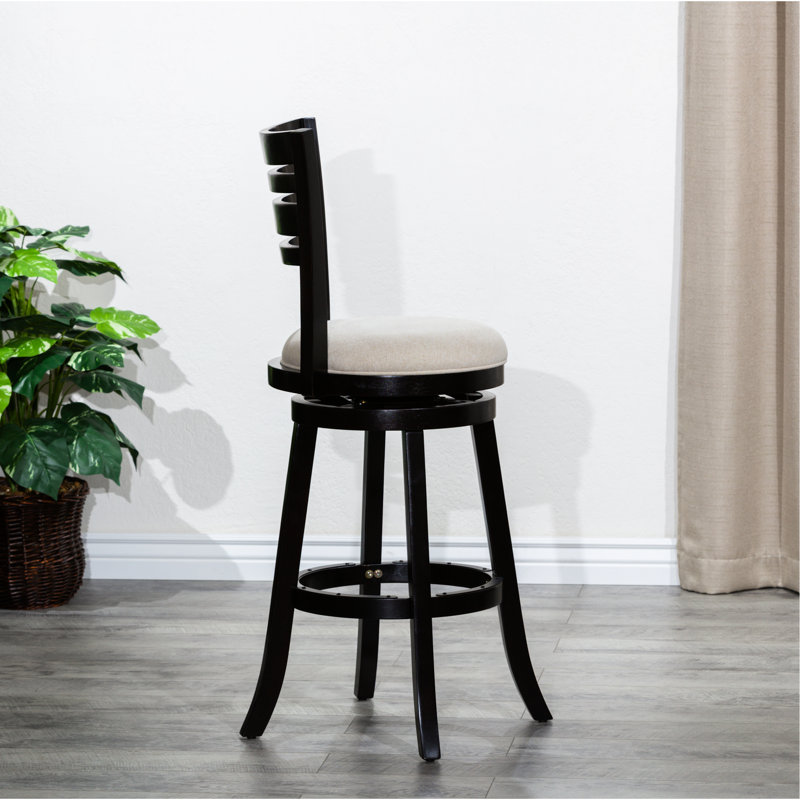 30" Bar Height Stool With Slat Back. Beige Fabric Seat. Swivel Function. Construction. Suits Preferences Back Swivel. Solid Hardwood Frame. Adds Elegance To
