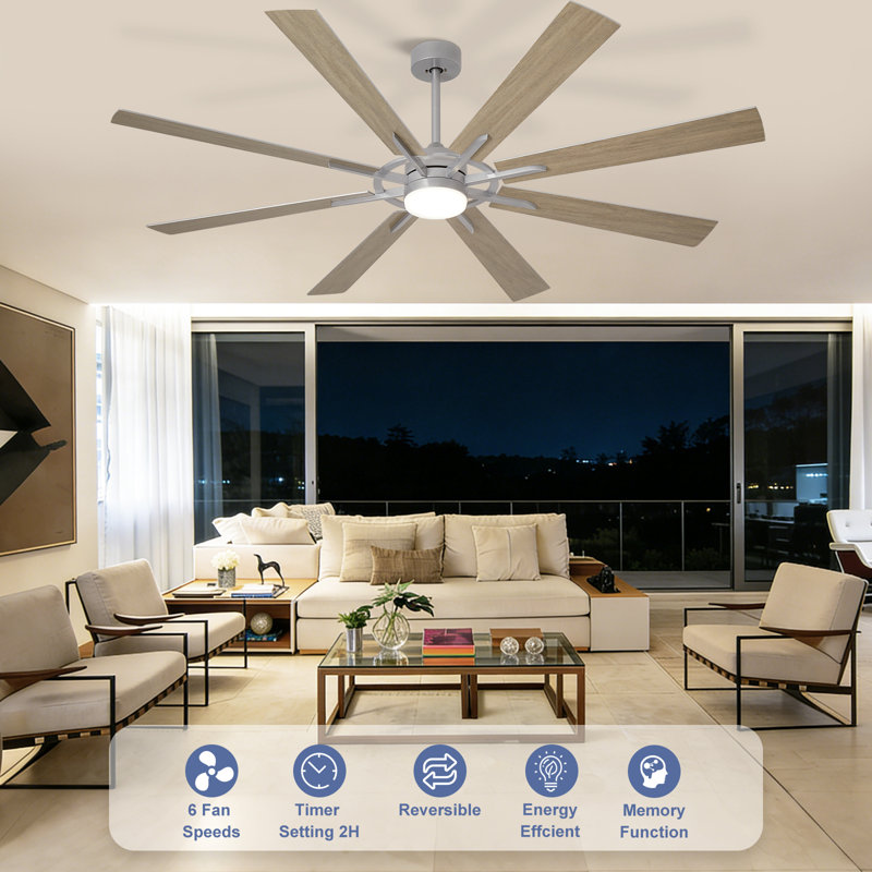 66 Inch Large Ceiling Fan with Light, Modern 8-Blade Silver and Wood Grain Indoor Outdoor Fans with Remote Control Dimmable Light, Quiet DC Motor Reversible 6 Speed Timer