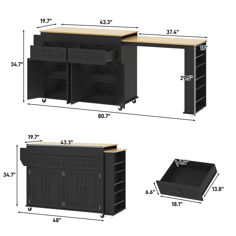 Îlot de cuisine 80,63 "avec prise de courant, 2 tiroirs de rangement, tablettes ouvertes, Noir