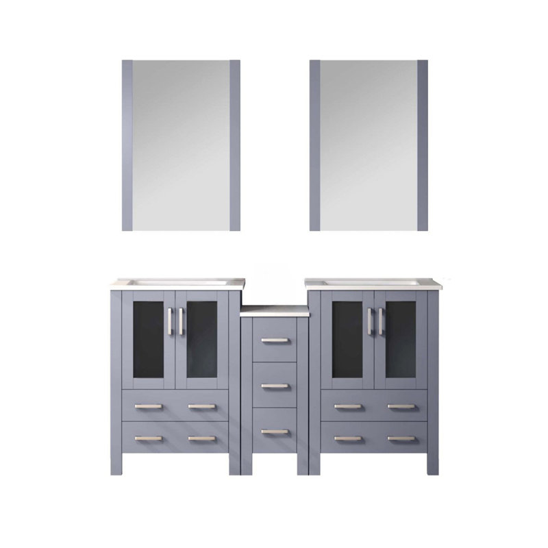 Meuble-lavabo double gris foncé 60 po X P 18,25 po D, avec armoire latérale, plateau en céramique blanche et Miroirs