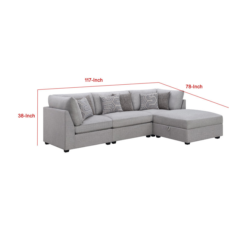 Cambia 4 Piece Modular Sectional Sofa Set W Ottoman, Grey, 6 Pillows
