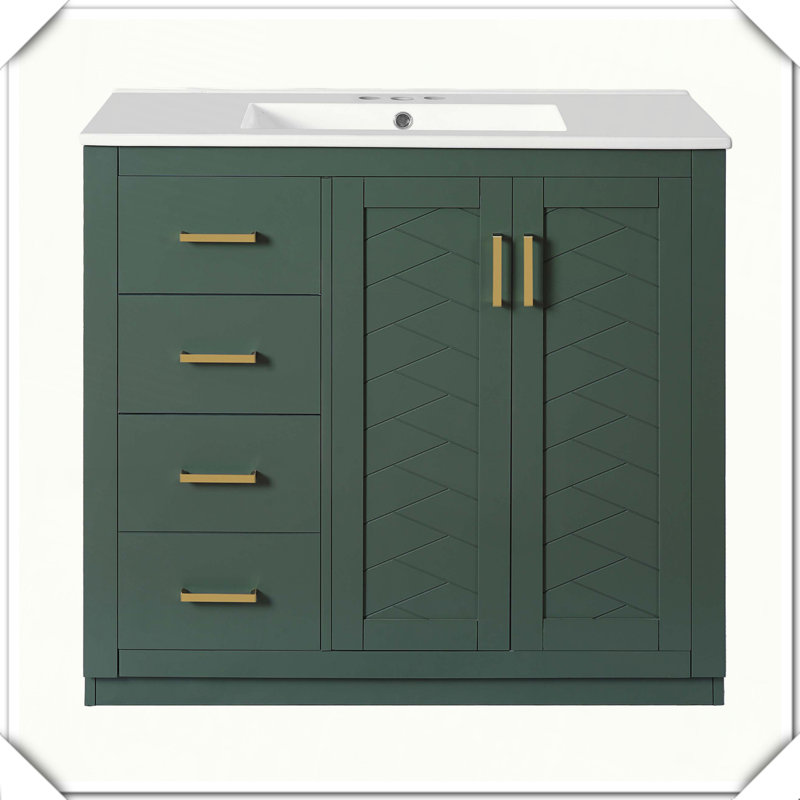 Luxueux meuble-lavabo autoportant en bois massif avec tiroirs en céramique et portes à fermeture en douceur, Vert